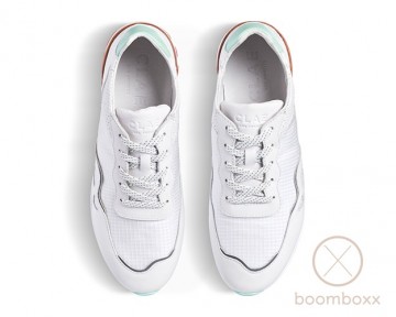 Clae hayden white milled leather ripstop sneaker pair ontop